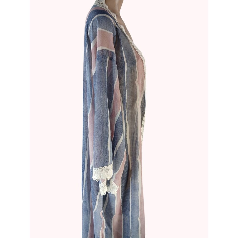 LuLaRoe Chloe Striped Lace Trim Open Kimono Womens Size XL Boho Pink Blue Cover - Picture 7 of 12